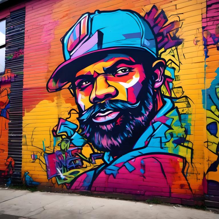 Street Art,Street Art, People, man, facial hair, 1boy, male focus, hat, solo, beard, graffiti, jacket