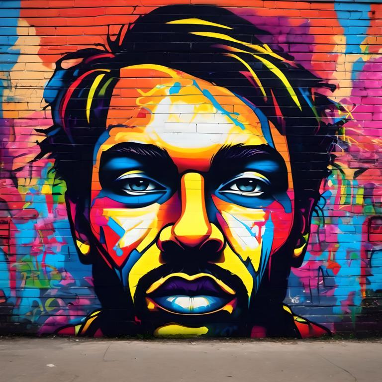 Street Art,Street Art, Oameni, om, solo, 1 băiat, graffiti, focalizare masculină, Păr facial, zid de cărămidă