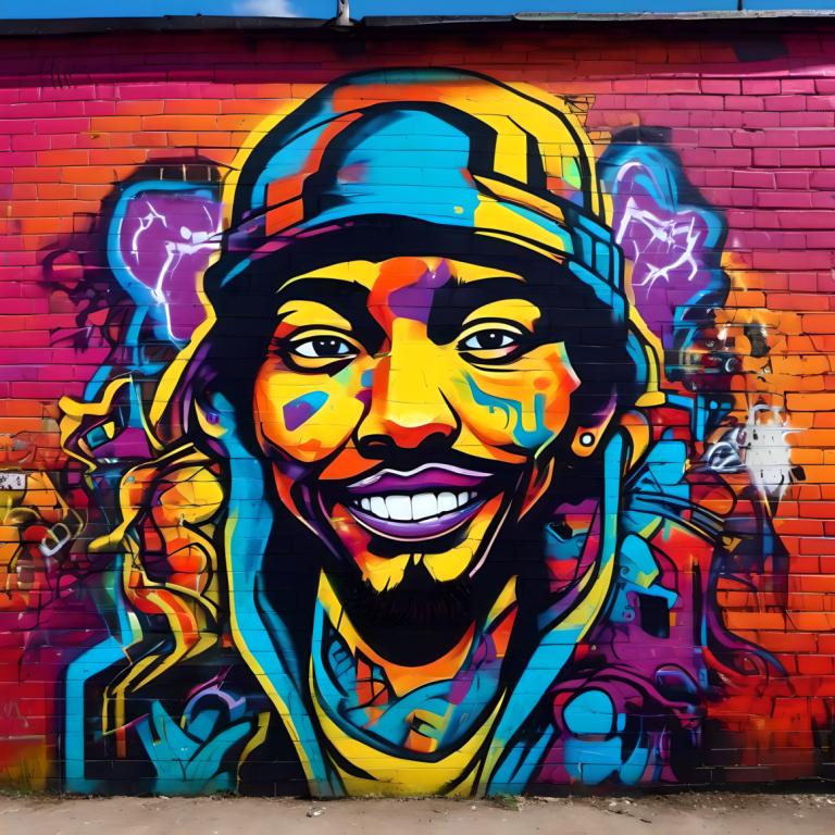 Street Art,Street Art, People, man, 1boy, brick wall, male focus, facial hair, graffiti, hat, smile, solo