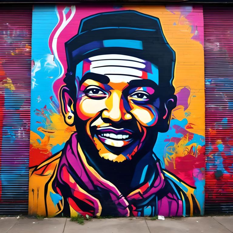 Street Art,Street Art, People, man, 1boy, solo, male focus, smile, grin, facial hair, colorful, jacket, hat