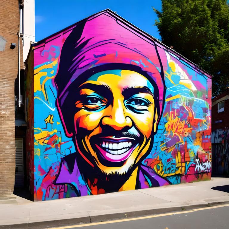 Street Art,Street Art, People, man, 1boy, male focus, solo, smile, hat, grin, facial hair, colorful, tree