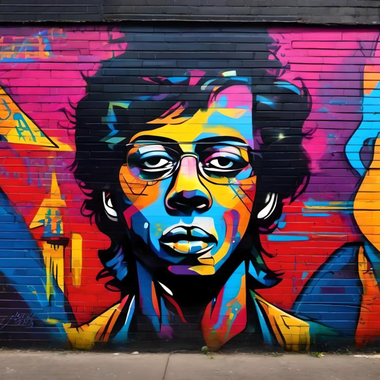 Street Art,Street Art, People, man, solo, 1boy, male focus, black hair, glasses, looking at viewer, signature