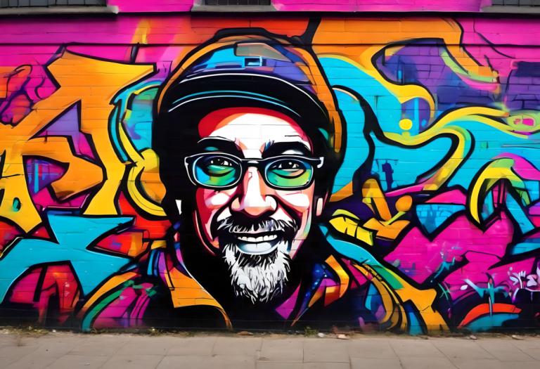 Street Art,Street Art, People, man, colorful, facial hair, graffiti, solo, 1boy, male focus, beard, teeth