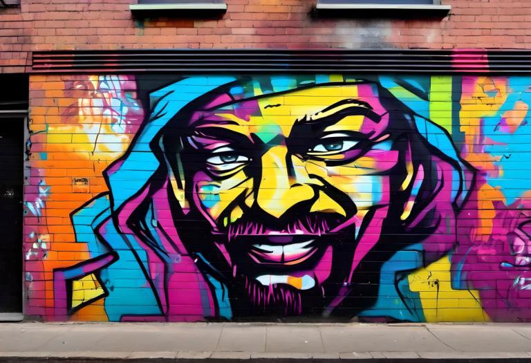 Street Art,Street Art, People, man, 1boy, solo, male focus, facial hair, hood, smile, hood up, colorful