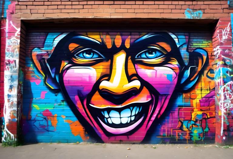 Street Art,Street Art, People, man, graffiti, brick wall, solo, smile, grin, teeth, male focus, 1boy