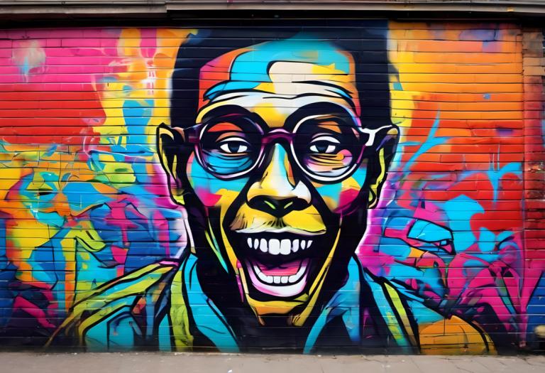 Street Art,Street Art, People, man, 1boy, male focus, solo, hat, open mouth, paint splatter, glasses, teeth