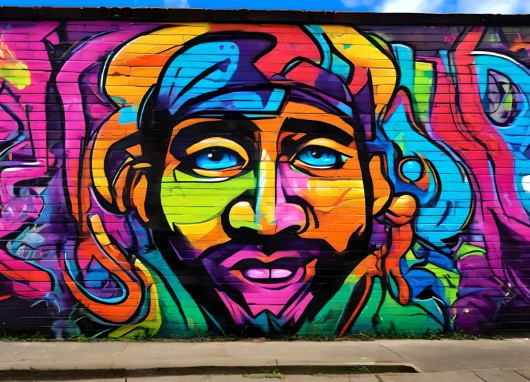 Street Art,Street Art, People, man, colorful, facial hair, blue eyes, 1boy, solo, male focus, mustache, hat