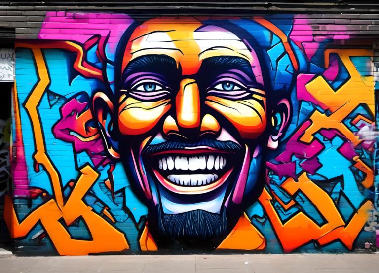 Street Art,Street Art, People, man, 1boy, male focus, solo, facial hair, teeth, traditional media, grin