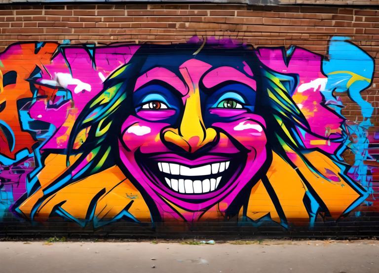 Street Art,Street Art, People, man, brick wall, graffiti, solo, smile, grin, colorful, wall