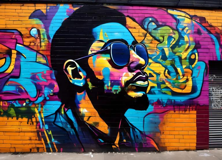 Street Art,Street Art, People, man, graffiti, brick wall, solo, sunglasses, colorful, paint splatter