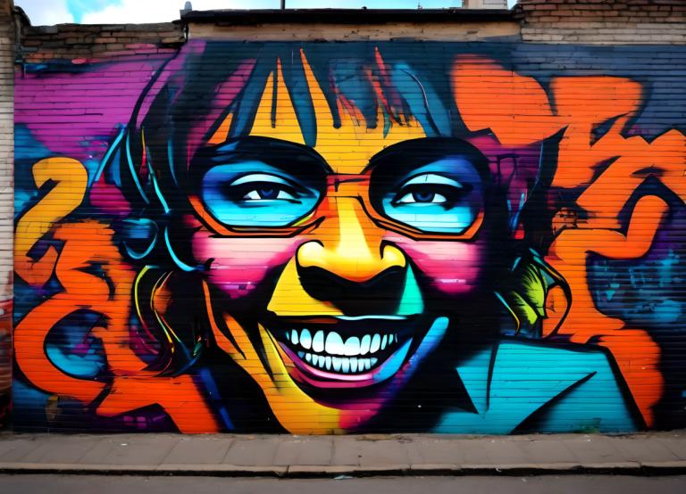 Street Art,Street Art, People, man, solo, blue eyes, traditional media, glasses, smile, 1girl, teeth, grin