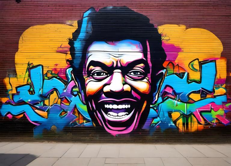 Street Art,Street Art, People, man, 1boy, male focus, solo, teeth, black hair, graffiti, open mouth