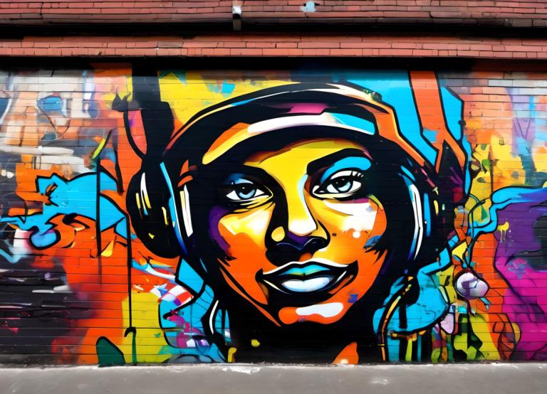 Street Art,Street Art, People, man, headphones, solo, smile, colorful, 1girl, blue eyes, open mouth, parody