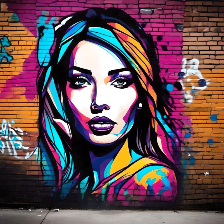 Street Art,Street Art, People, woman, 1girl, solo, multicolored hair, brick wall, makeup, long hair, graffiti