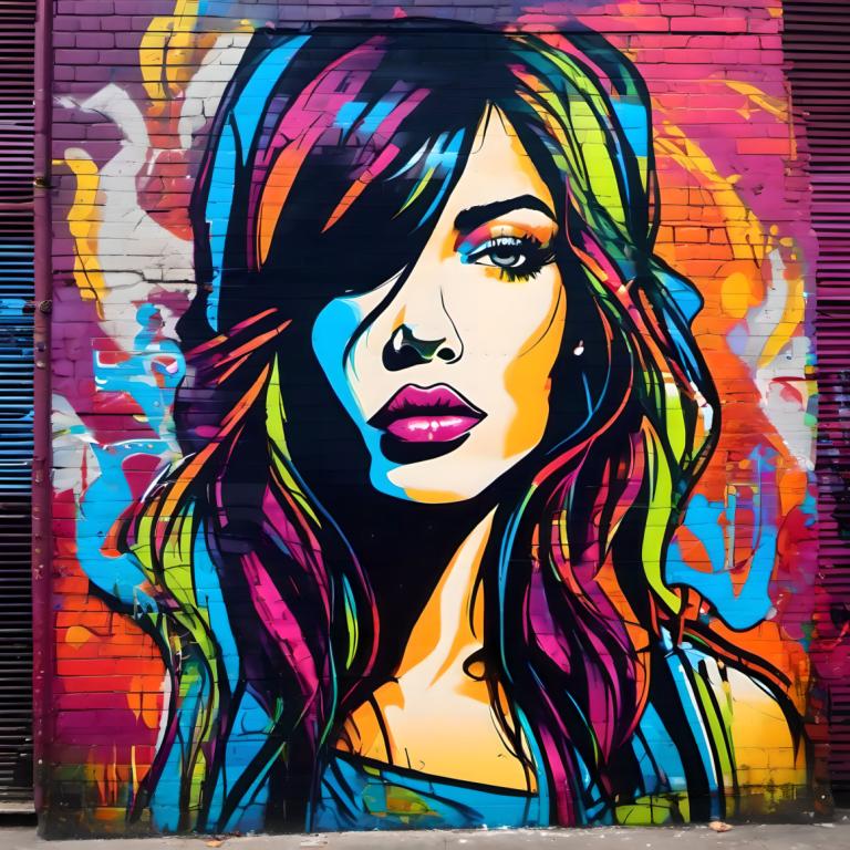 Street Art,Street Art, People, woman, 1girl, solo, traditional media, multicolored hair, hair over one eye