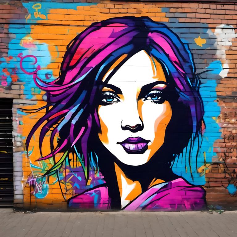 Street Art,Street Art, Oameni, femeie, 1 fata, solo, media tradițională, buze violete, păr multicolor