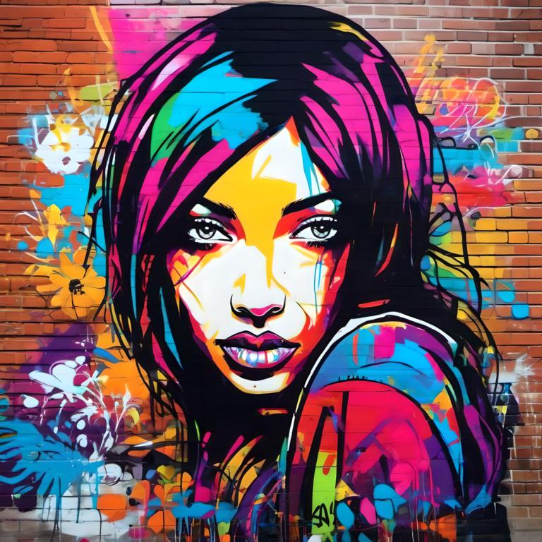 Street Art,Street Art, People, woman, 1girl, solo, colorful, looking at viewer, brick wall, makeup