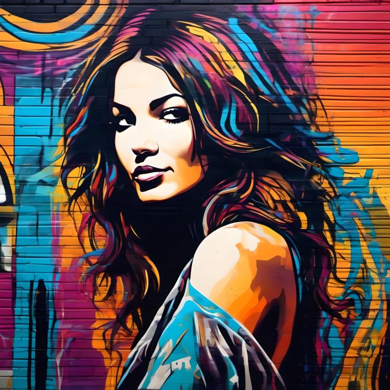 Street Art,Street Art, People, woman, 1girl, solo, long hair, multicolored hair, looking at viewer