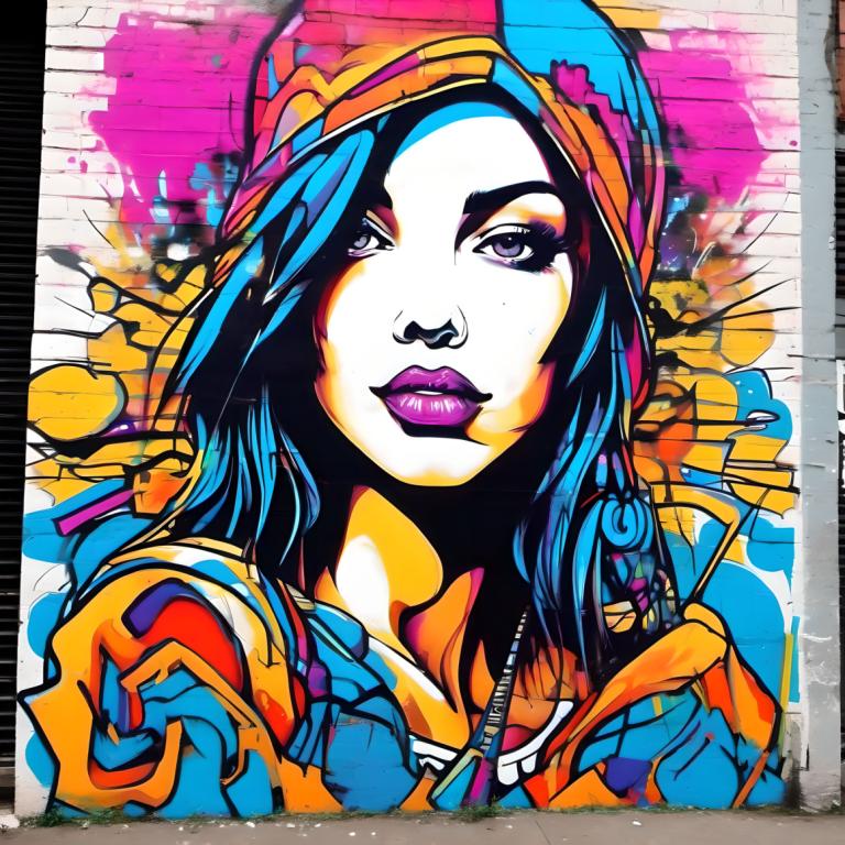 Street Art,Street Art, People, woman, 1girl, solo, traditional media, colorful, blue hair, makeup, hood, hat