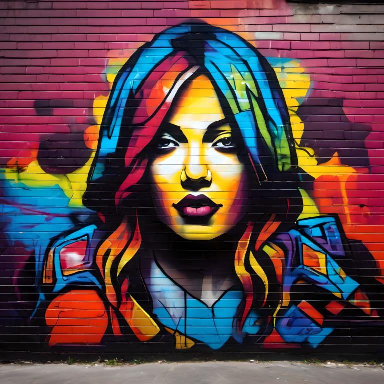 Street Art,Street Art, People, woman, 1girl, solo, multicolored hair, brick wall, rainbow hair, blue hair