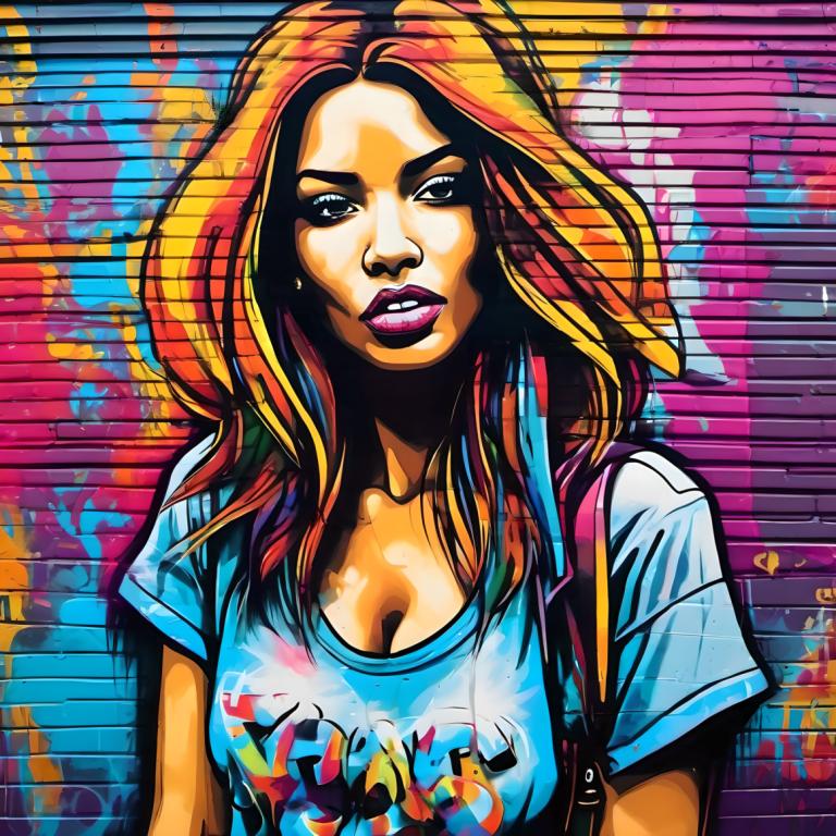 Street Art,Street Art, People, woman, 1girl, solo, breasts, cleavage, shirt, t-shirt, multicolored hair, bag