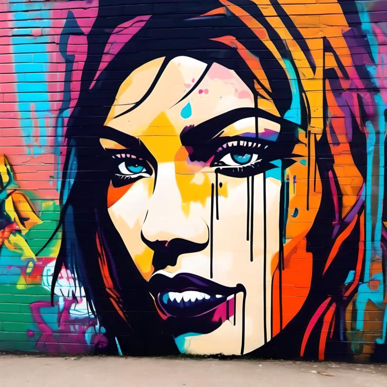 Street Art,Street Art, People, woman, 1girl, solo, blue eyes, makeup, black hair, colorful, looking at viewer