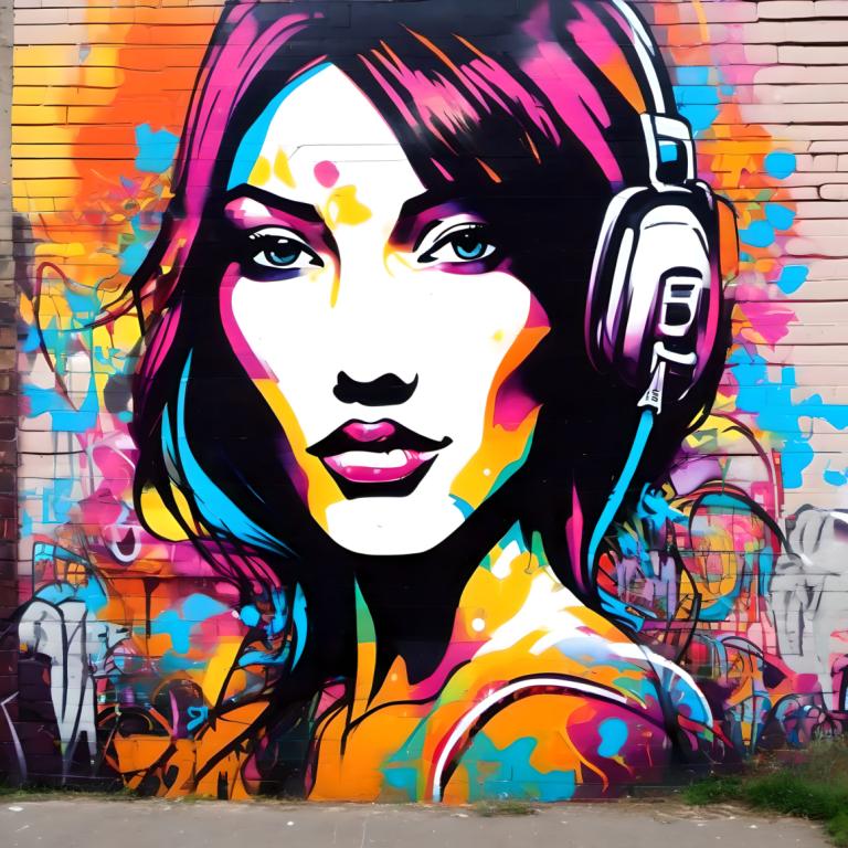 Street Art,Street Art, People, woman, 1girl, solo, colorful, headphones, traditional media, blue eyes