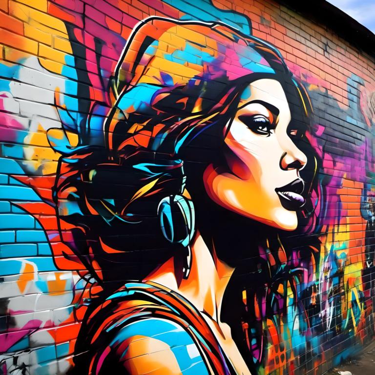 Street Art,Street Art, People, woman, 1girl, solo, colorful, headphones, makeup, hat, graffiti, brick wall