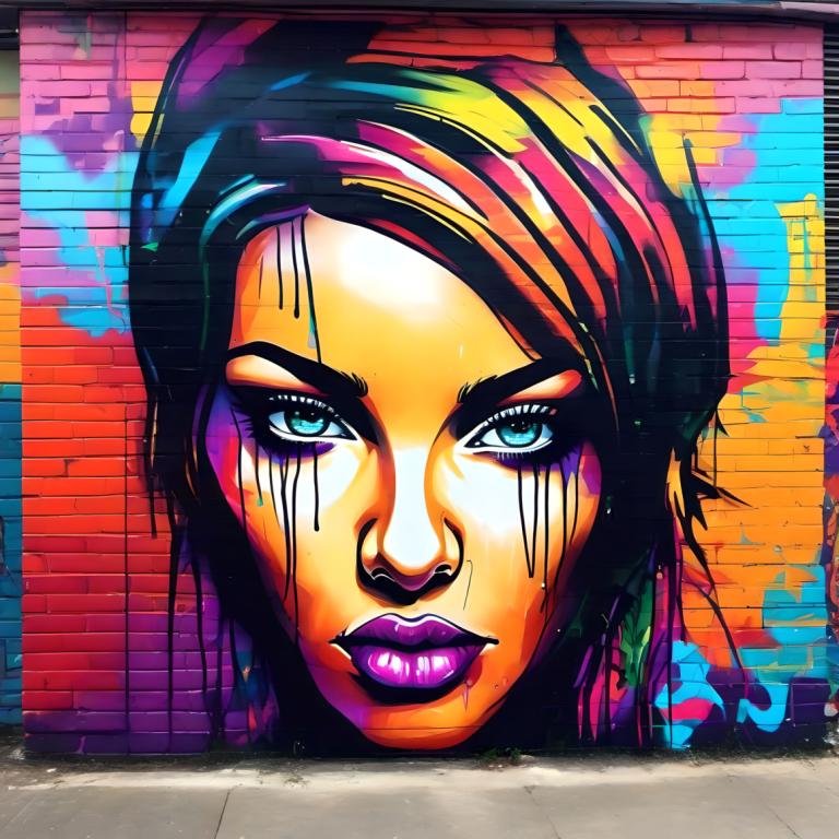 Street Art,Street Art, People, woman, 1girl, solo, makeup, purple lips, blue eyes, lipstick, colorful