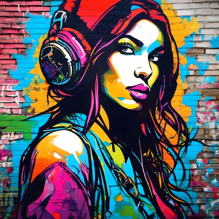 Street Art,Street Art, People, woman, 1girl, solo, headphones, long hair, colorful, makeup, lipstick