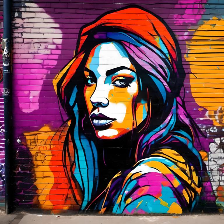 Street Art,Street Art, People, woman, 1girl, solo, traditional media, long hair, hood, colorful