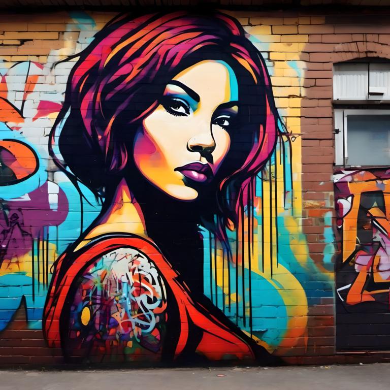 Street Art,Street Art, People, woman, 1girl, solo, makeup, graffiti, short hair, tattoo, lipstick, black eyes