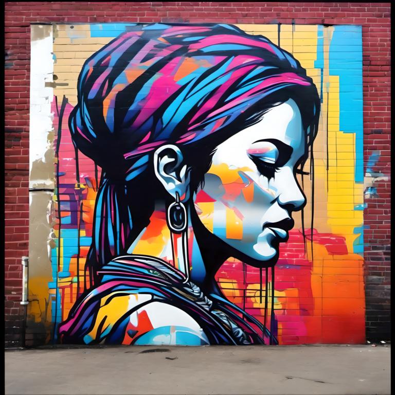 Street Art,Street Art, People, woman, 1girl, solo, earrings, jewelry, profile, from side, brick wall