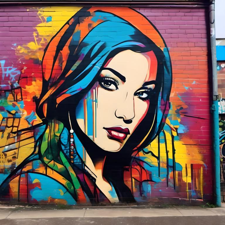 Street Art,Street Art, People, woman, 1girl, solo, makeup, blue hair, blue eyes, portrait, colorful