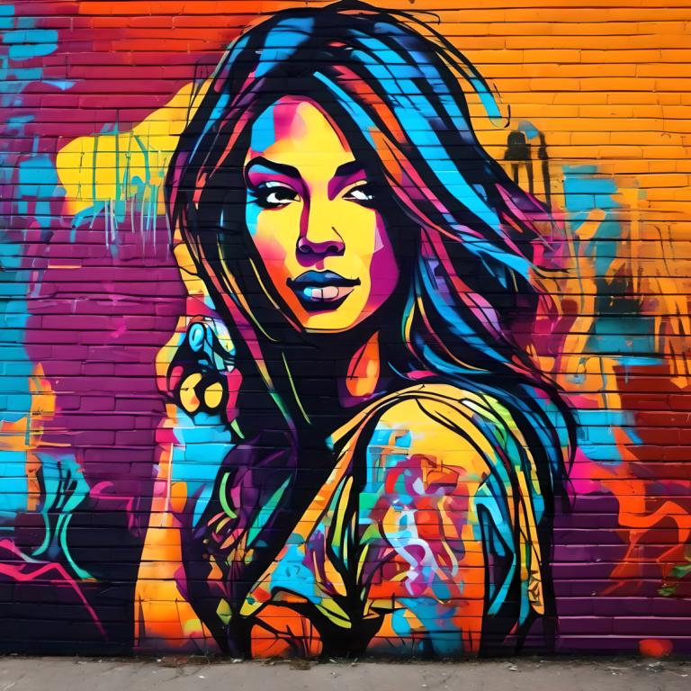 Street Art,Street Art, People, woman, 1girl, solo, blue hair, long hair, makeup, graffiti, colorful