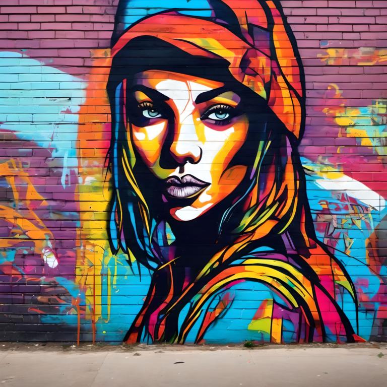 Street Art,Street Art, People, woman, 1girl, solo, graffiti, blue eyes, hat, brick wall, colorful