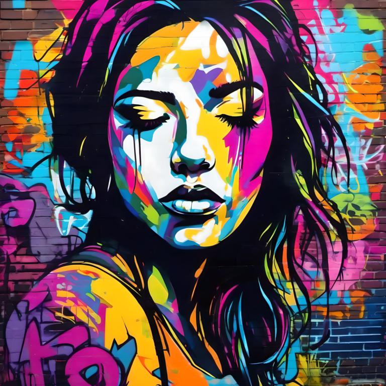 Street Art,Street Art, People, woman, 1girl, solo, colorful, long hair, teeth, graffiti, tattoo, yellow eyes