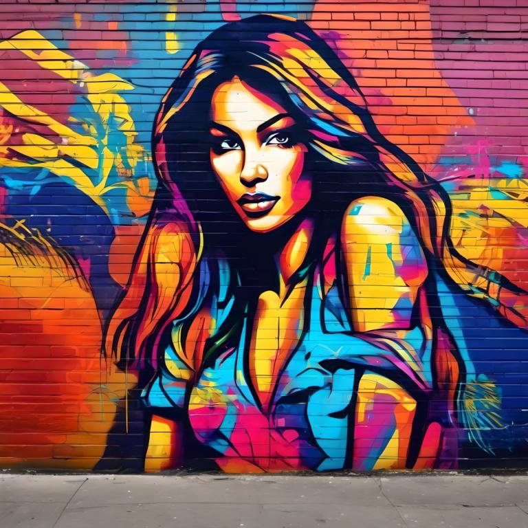 Street Art,Street Art, People, woman, 1girl, long hair, solo, breasts, cleavage, multicolored hair