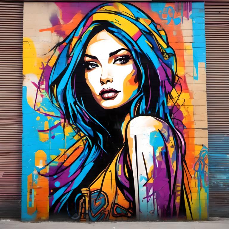 Street Art,Street Art, People, woman, 1girl, solo, blue hair, blue eyes, long hair, traditional media, lips