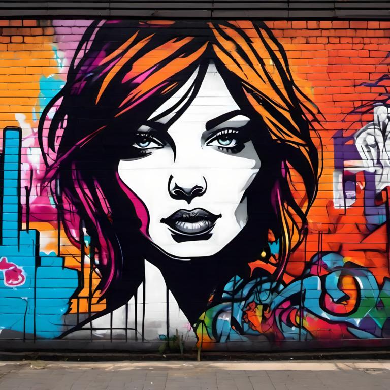 Street Art,Street Art, People, woman, 1girl, solo, graffiti, multicolored hair, short hair, blue eyes