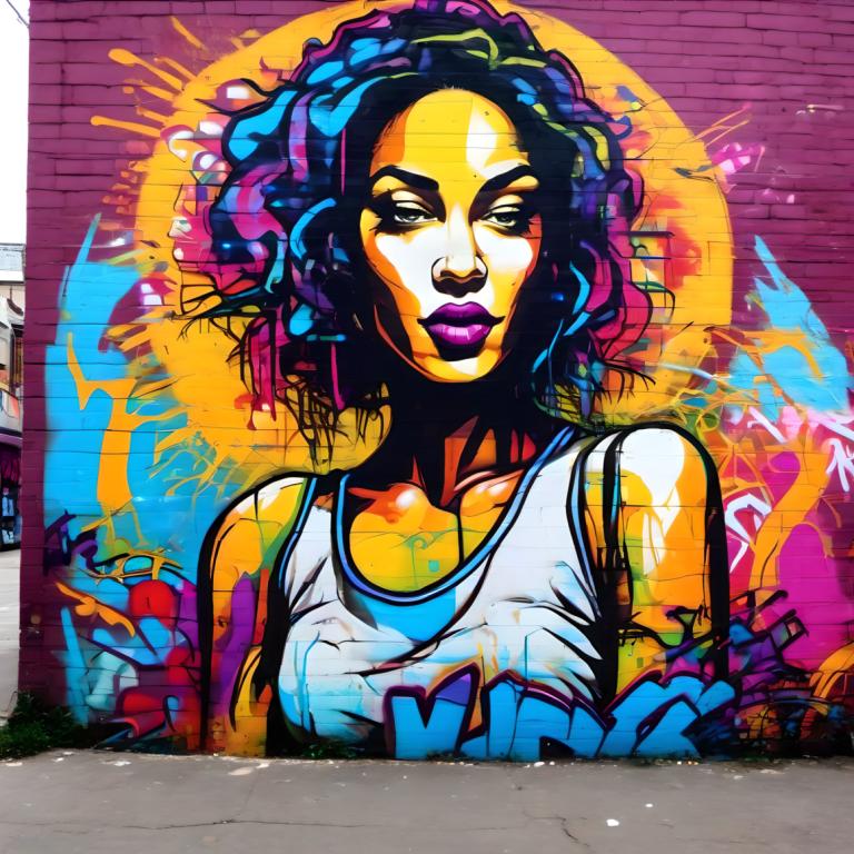 Street Art,Street Art, People, woman, 1girl, solo, multicolored hair, tank top, makeup, purple lips