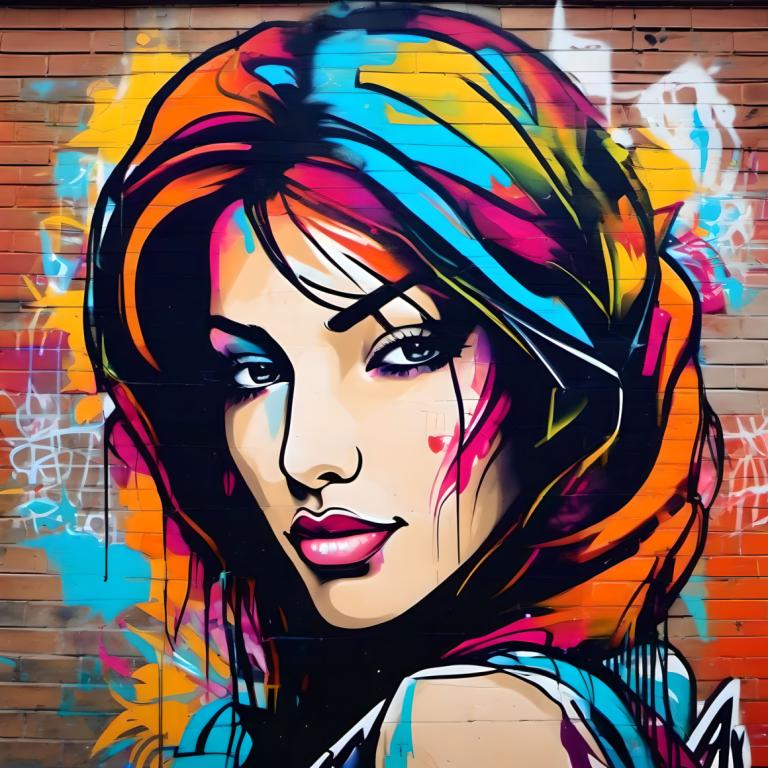 Art de rue,Art de rue, Personnes, femme, 1fille, solo, cheveux multicolores, se maquiller, graffiti, portrait