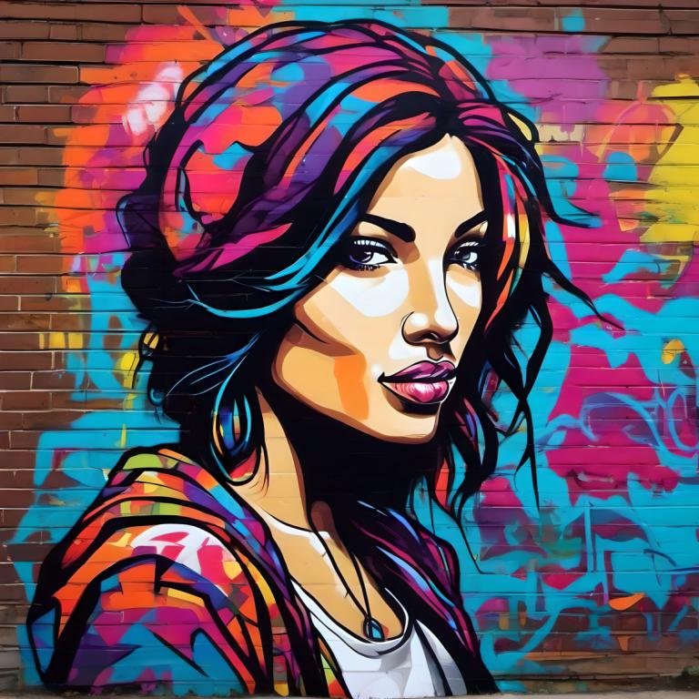 Street Art,Street Art, People, woman, 1girl, solo, multicolored hair, jewelry, necklace, graffiti, brick wall