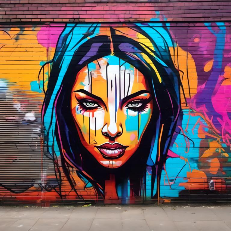 Street Art,Street Art, People, woman, solo, 1girl, looking at viewer, graffiti, teeth, blue hair, portrait