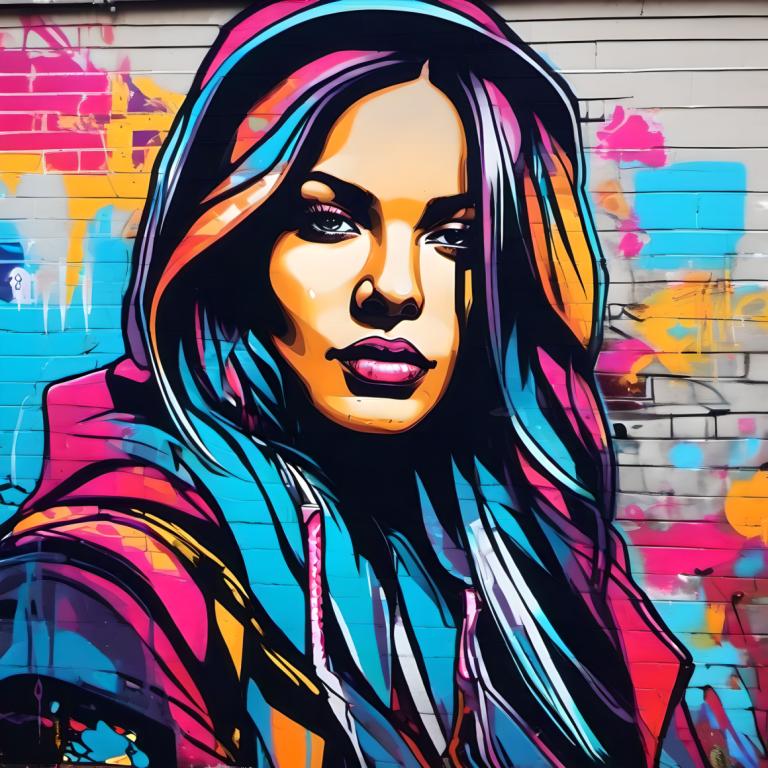 Street Art,Street Art, People, woman, 1girl, solo, hood, makeup, graffiti, multicolored hair, lipstick