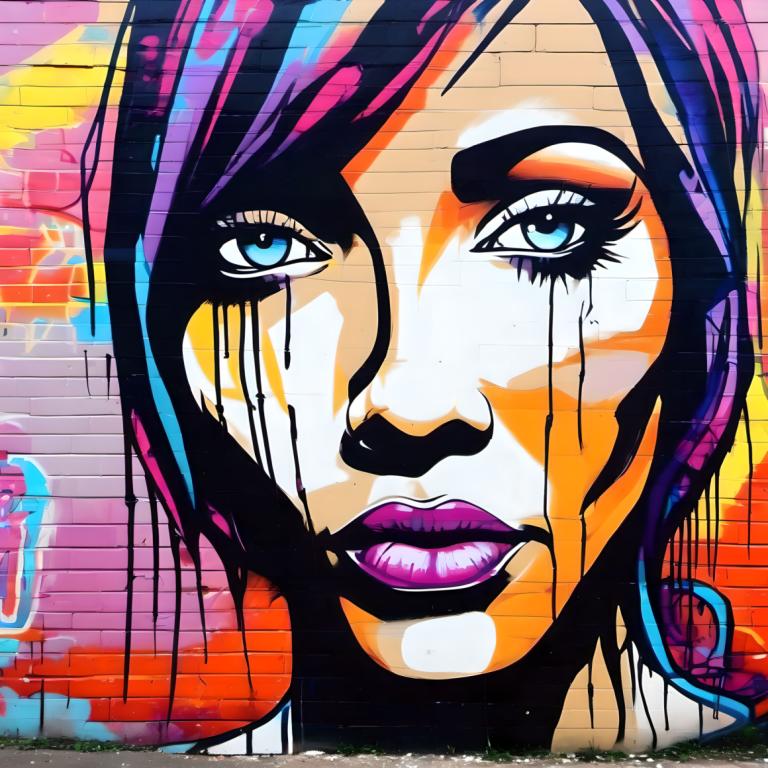 Street Art,Street Art, Mennesker, kvinde, 1 pige, solo, makeup, blå øjne, lilla hår, læbestift, lilla læber