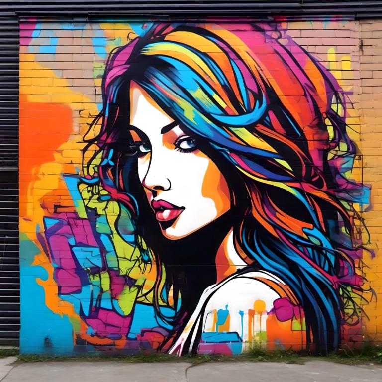 Street Art,Street Art, People, woman, 1girl, solo, colorful, multicolored hair, traditional media, blue hair