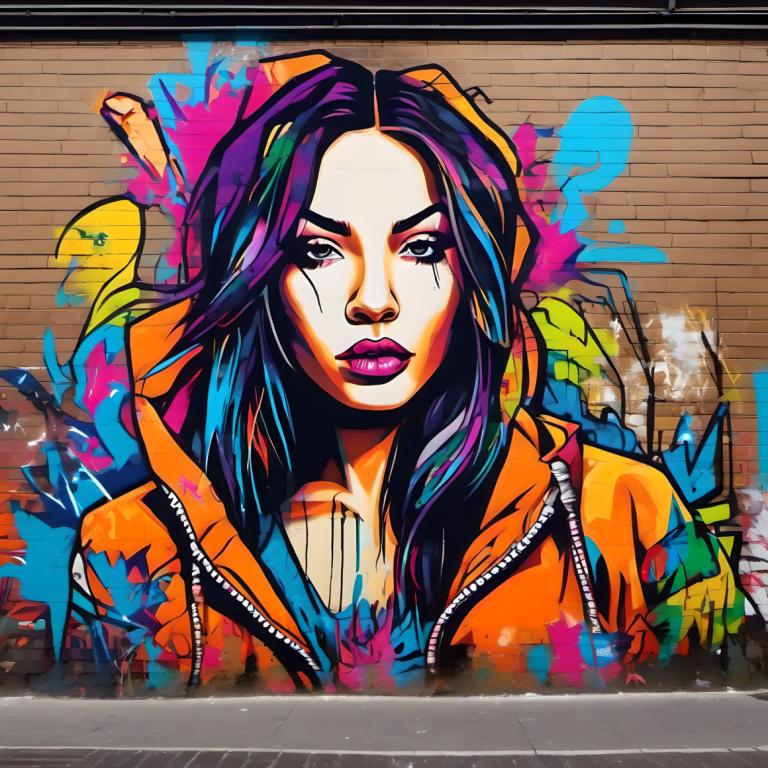 Street Art,Street Art, Mennesker, kvinde, 1 pige, solo, traditionelle medier, lilla hår, hætte, makeup, jakke