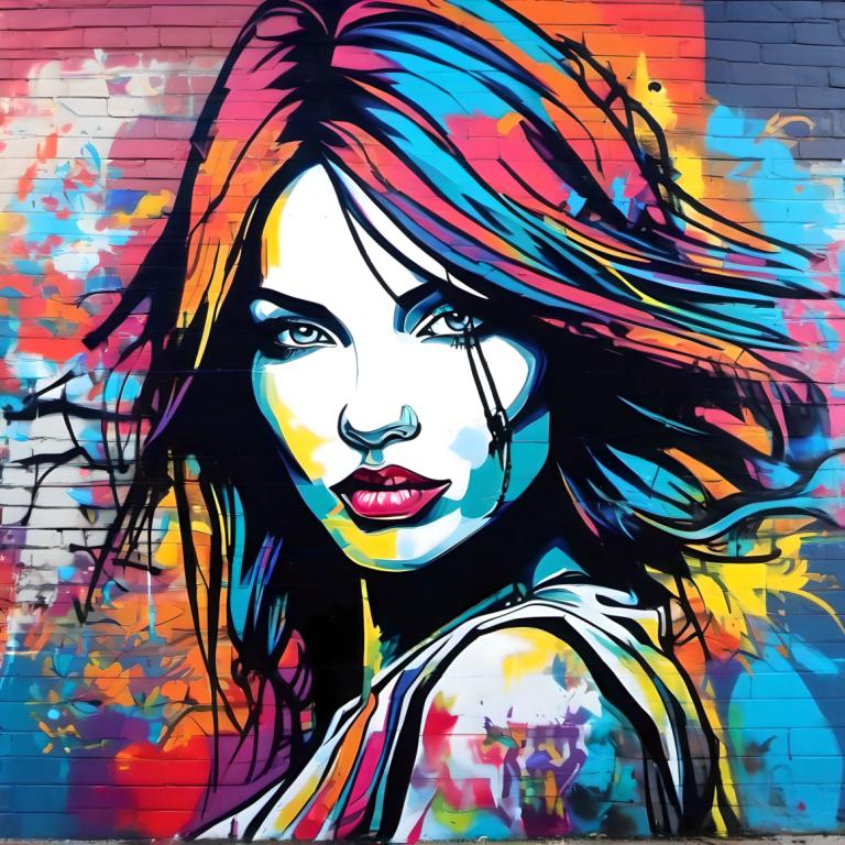 Street Art,Street Art, People, woman, 1girl, solo, colorful, looking at viewer, multicolored hair, makeup