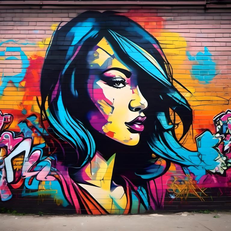 Street Art,Street Art, People, woman, 1girl, solo, hair over one eye, colorful, makeup, blue hair, graffiti